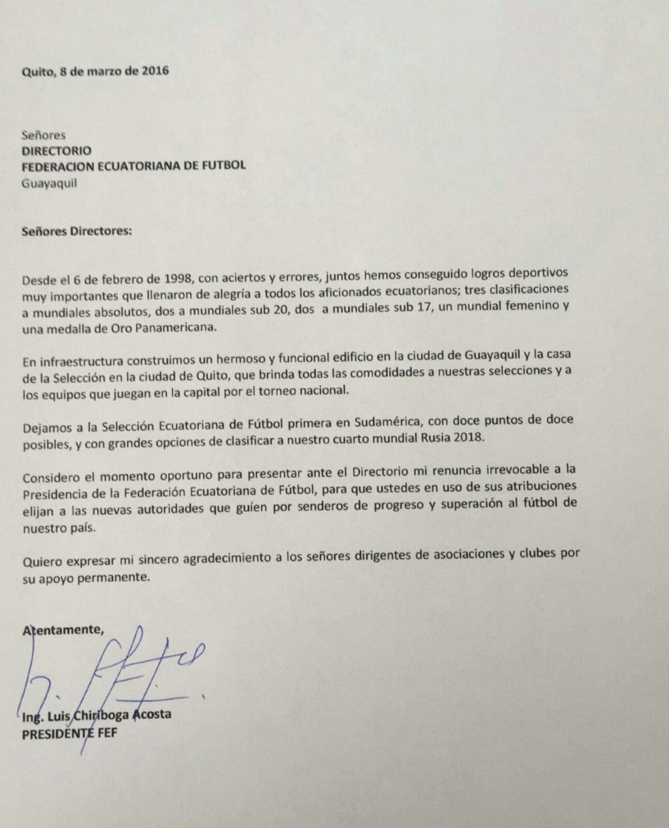 (DOCUMENTO) Esta es la CARTA DE RENUNCIA de Luis CHIRIBOGA