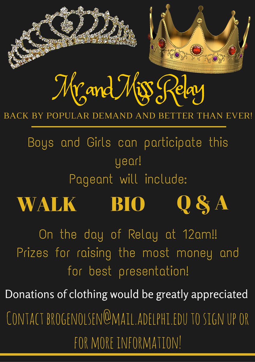 AdelphiRelay's tweet image. Loved Miss Relay? It&apos;s back and better than ever! Email brogenolsen@mail.adelphi.edu to sign up! #AdelphiRelay