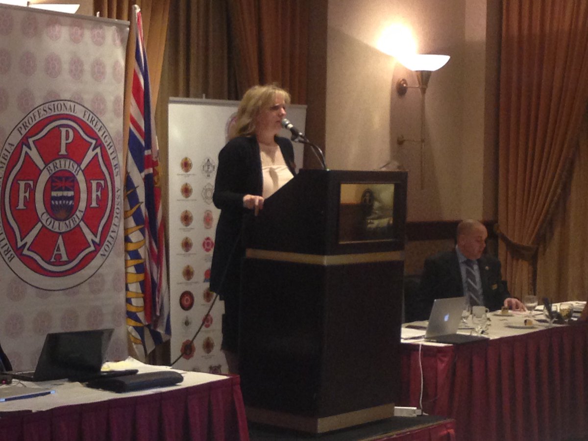 Lisa Lacamell thanking tremendous generosity of BC Fire Fighters for Burn Fund Building Donations