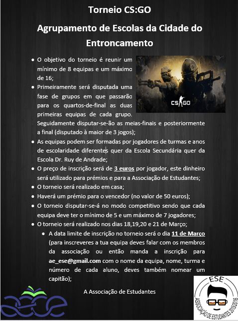 AEentroncamento's tweet photo. O primeiro torneio de CS:GO no nosso agrupamento, vais querer ficar de fora? #CSESE https://t.co/9fh3grFUvF
