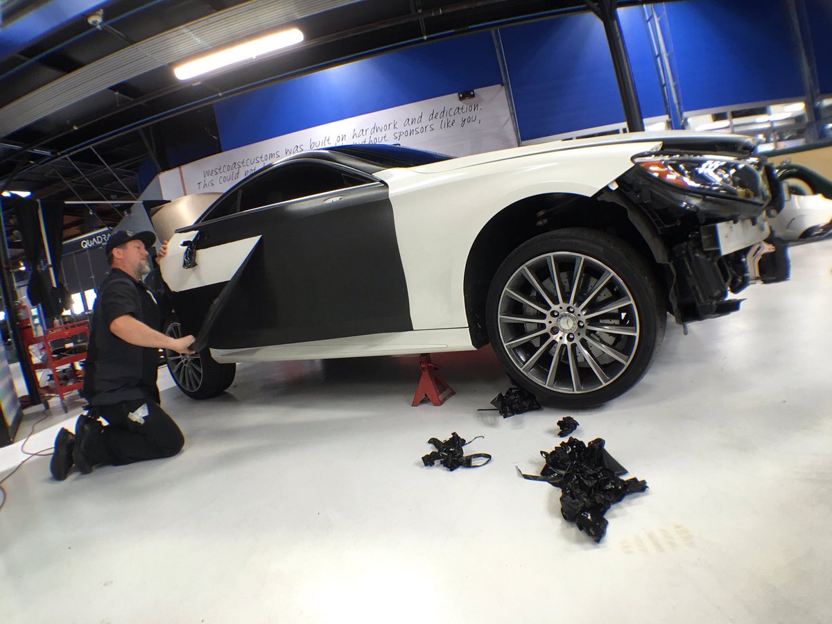 officialwcc's tweet photo. Stripping off the #wrap... Ready for some #BrushedTitanium on the @MercedesBenz #S550 Coupe!? #WestCoastCustoms https://t.co/vwZ4YOETxT