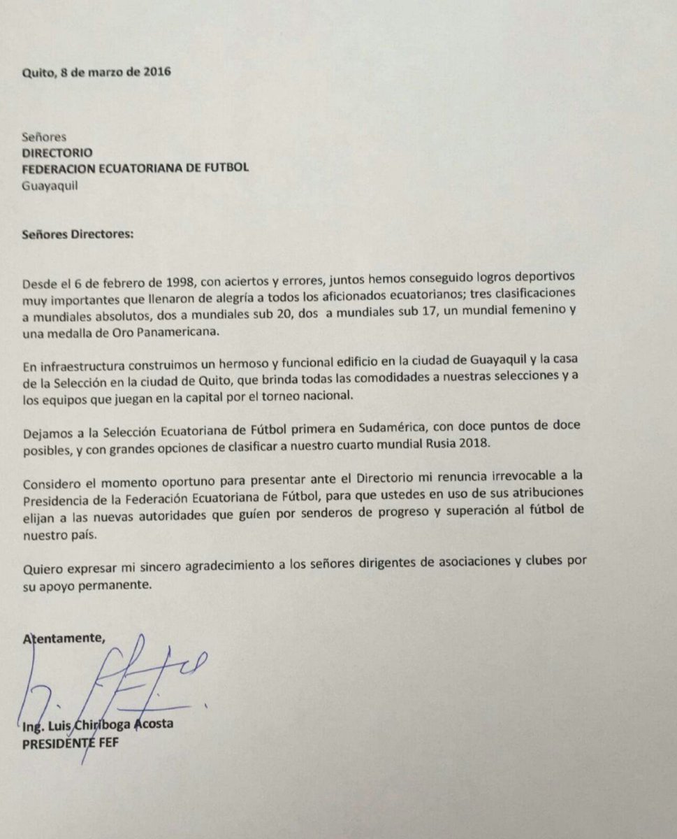 Luis Chiriboga Acosta renuncia a la presidencia de la 