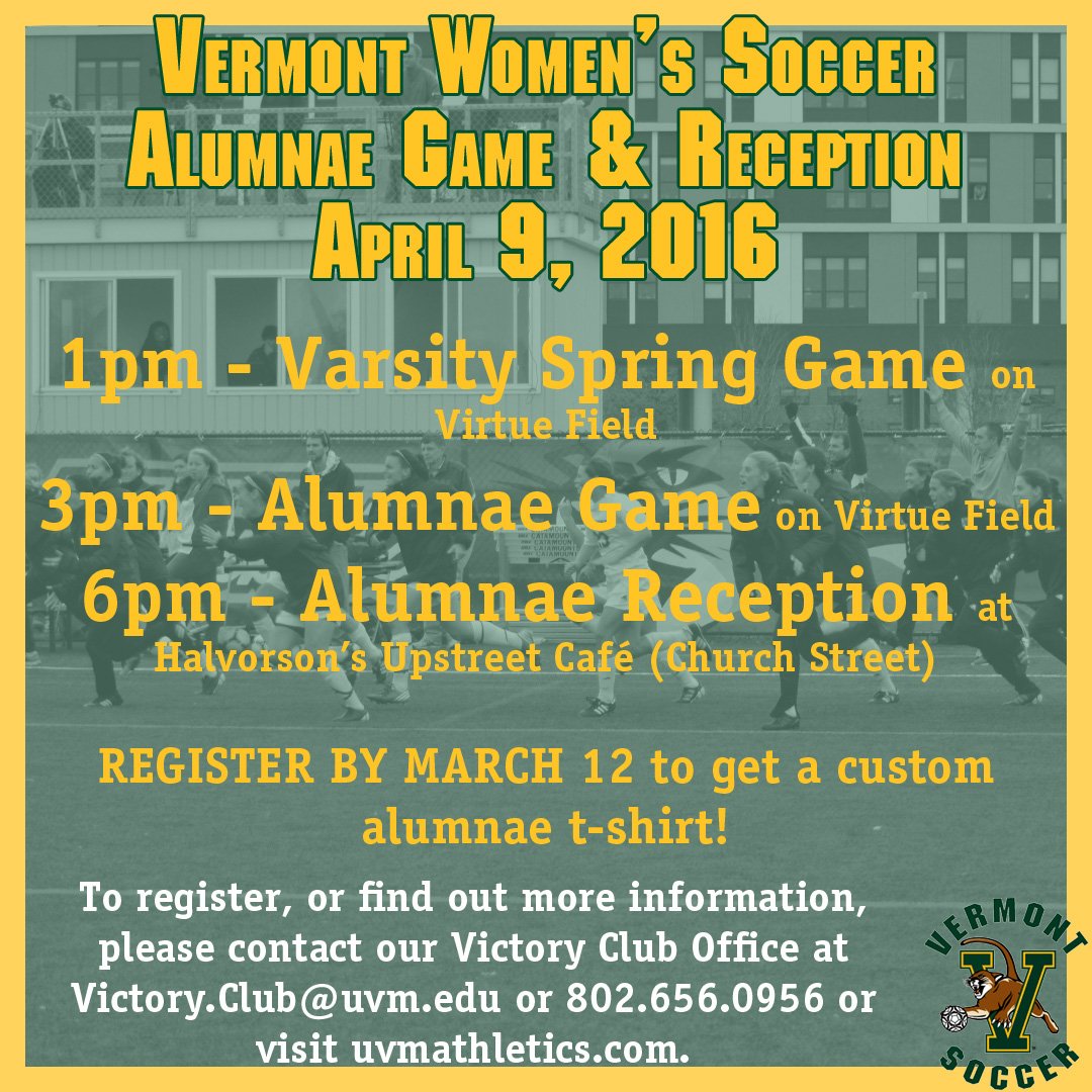 VictoryClub's tweet image. .@UVMwsoccer Alumnae - Register at  go.uvm.edu/c5jdi by Saturday to get a t-shirt!
#VCats #AlwaysACatamount