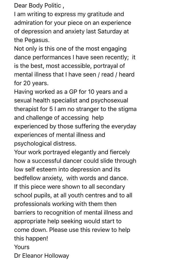 BodyPoliticUK's tweet image. WOW! An incredible heart-felt and poignant review from &apos;Reflections&apos; at @Pegatweet @DancinOxford last week! #MWTT