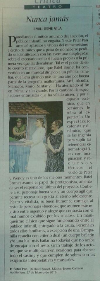 Unnanima's tweet photo. Maravillosa critica en @UHmallorca por Emili Gené, de #peterpan, el gran musical d'aventura, en el @auditoriumpalma https://t.co/w0xFYiFeQW