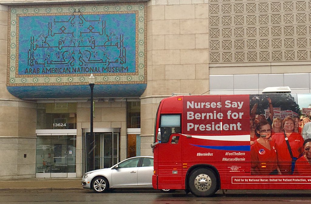 NationalNurses's tweet photo. .@theaanews : Nurses #BernieBus came to Dearborn to meet community. Found your paper &amp; wanted to say "#FeelTheBern"! https://t.co/bPx6XoLnka