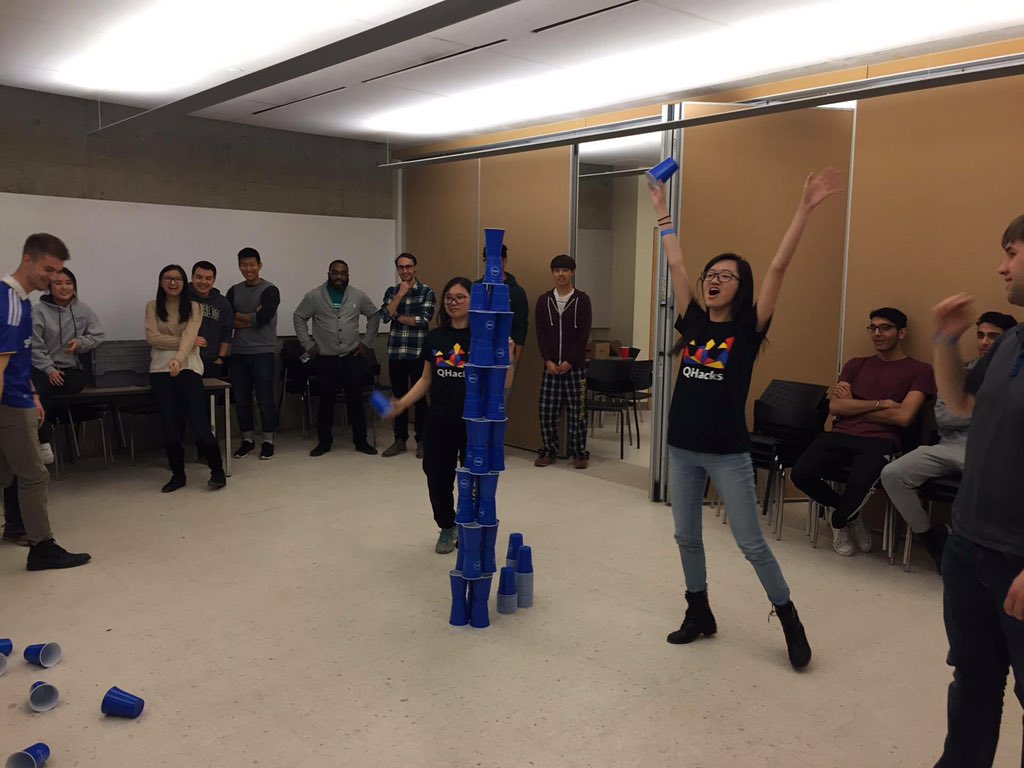 MLHacks's tweet photo. Awesome cupstacking tournament at @QueensHacks with our very own commentators! #quhacks #stackathonstackers https://t.co/6PxbXmqGMl