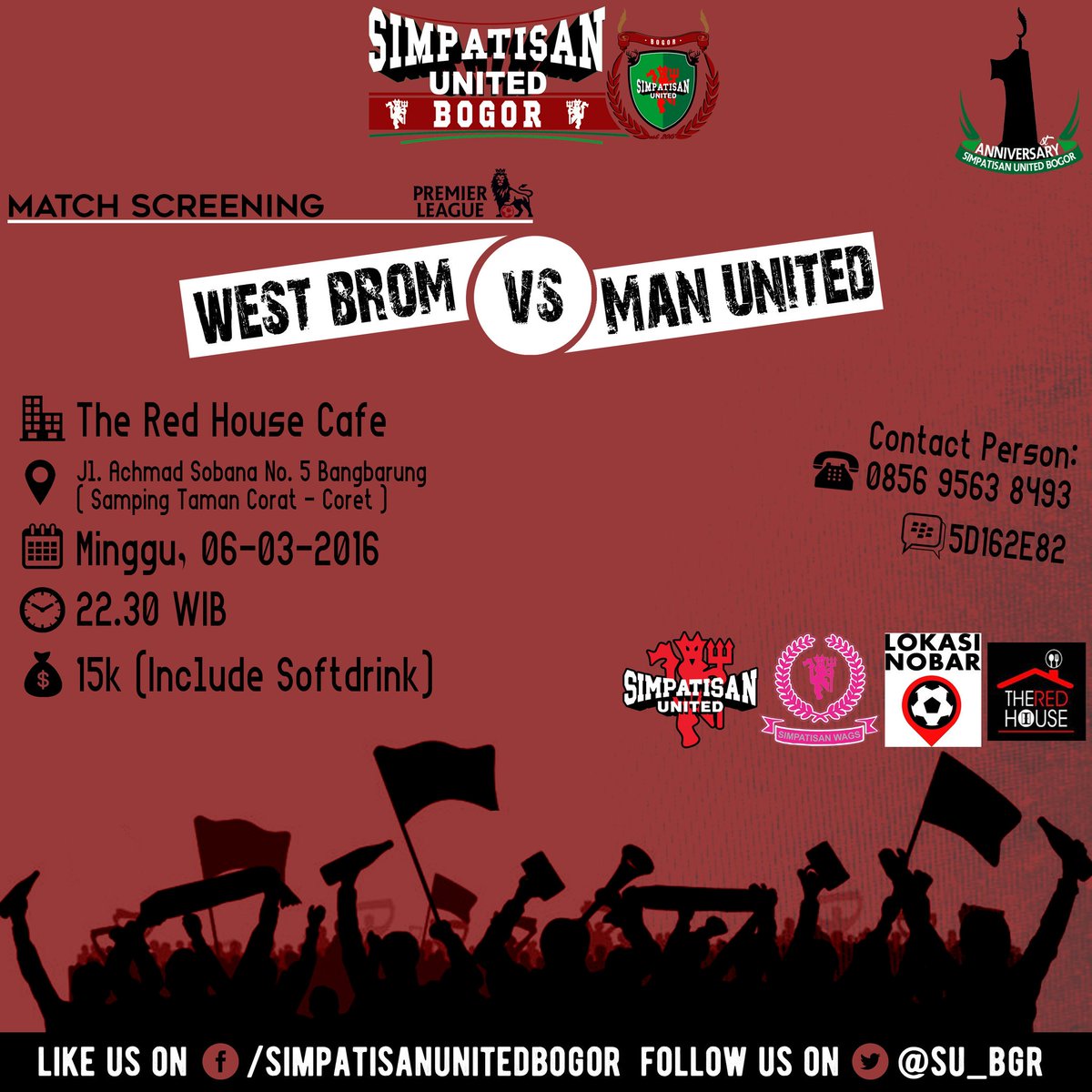 #Nobar
#WBA x #MUFC
📆 Minggu, 06-03-16
🏢 <a href="/theredhousecafe/">THE RED HOUSE CAFE</a>
🕖 22.30 WIB
💰 15k (Softdrink)
Open for All
#BudayakanNobar