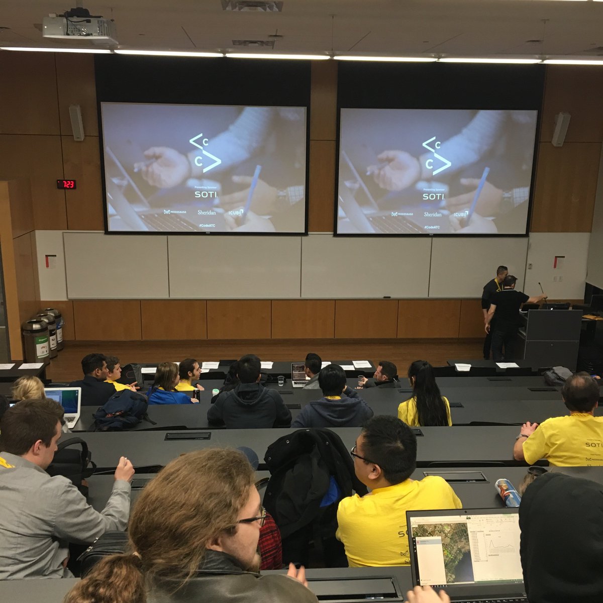 sheridancollege's tweet image. The excitement in the room is palpable! The top 3 finalists will soon be announced. #GetCreative #CodeATC ^HJ