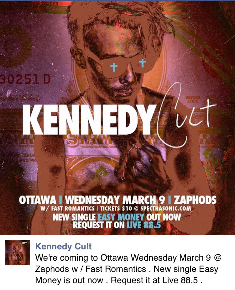 KENNEDYCULT's tweet photo. Here we come #ottawa.  March 9th at @zaphods_ottawa new single 'Easy Money' on @Live885fm let em know ya love it! https://t.co/lV3NgY7zHK