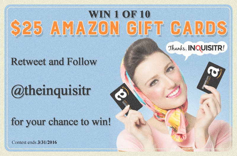 theinquisitr's tweet photo. RT &amp; FOLLOW us to #WIN 1 of 10  $25 Amazon Vouchers #Competition #Giveaway https://t.co/dSlULo3uQV