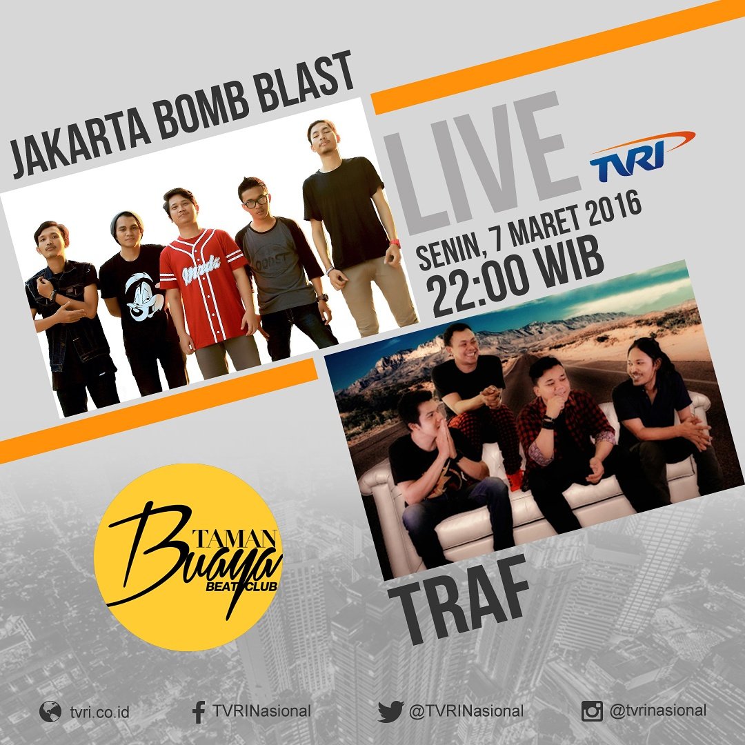 Besok malam pkl 22:00 WIB #TamanBuayaBeatClub bersama <a href="/JABLAST/">Jakarta Bomb Blast™</a> | <a href="/trafband/">TRAF Band</a>. LIVE &amp; GRATIS di #TVRI