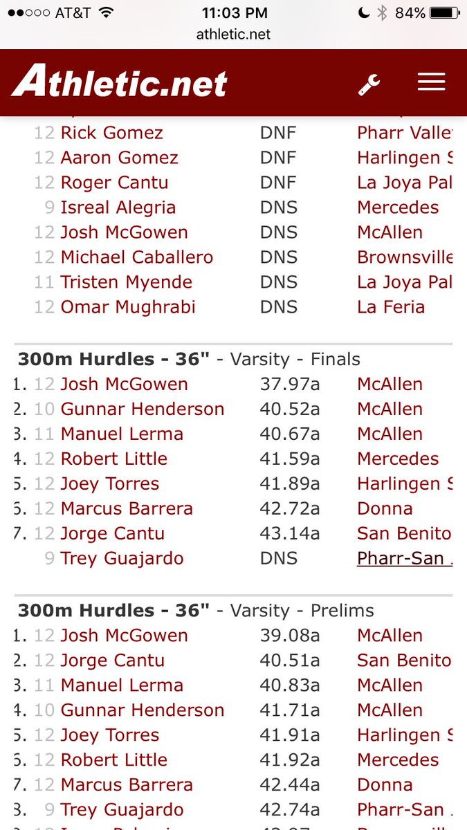 McHI sweeps the 300 Hurdles with McGowen, Henderson &amp; Lerma. McGowen sets a new McHI school record with a 37.97 FAT.