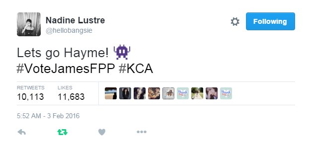 LeahOlivar's tweet photo. Supportive. Proud. Contented. Ikaw na talaga girl @hellobangsie 

James Reid FTW
#VoteJamesFPP #KCA https://t.co/8VOSS3uoFv