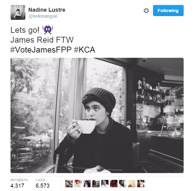 LeahOlivar's tweet photo. Supportive. Proud. Contented. Ikaw na talaga girl @hellobangsie 

James Reid FTW
#VoteJamesFPP #KCA https://t.co/8VOSS3uoFv