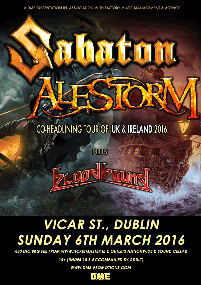 dmepromotions's tweet photo. TONIGHT! @bloodbound_band 6.40 @alestormband 7.40 @sabaton 9.25. Still on sale and tix on door! https://t.co/VnmTk9v1XX