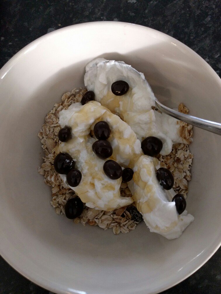 m_stevens's tweet photo. Breakfast: muesli, skyr, honey, choc covered coffee beans #detox #retox #shreddedforsummer #dadbod https://t.co/674C6ldkrd