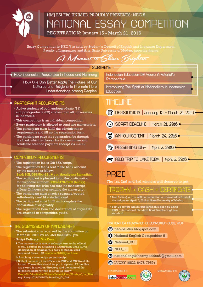 National_EC's tweet photo. Yuk ikuti lomba menulis Essay di National English Competition 5. Bantu retweet nya min @balaibahasa_su ππ #NEC5 https://t.co/ttZcE9boXl
