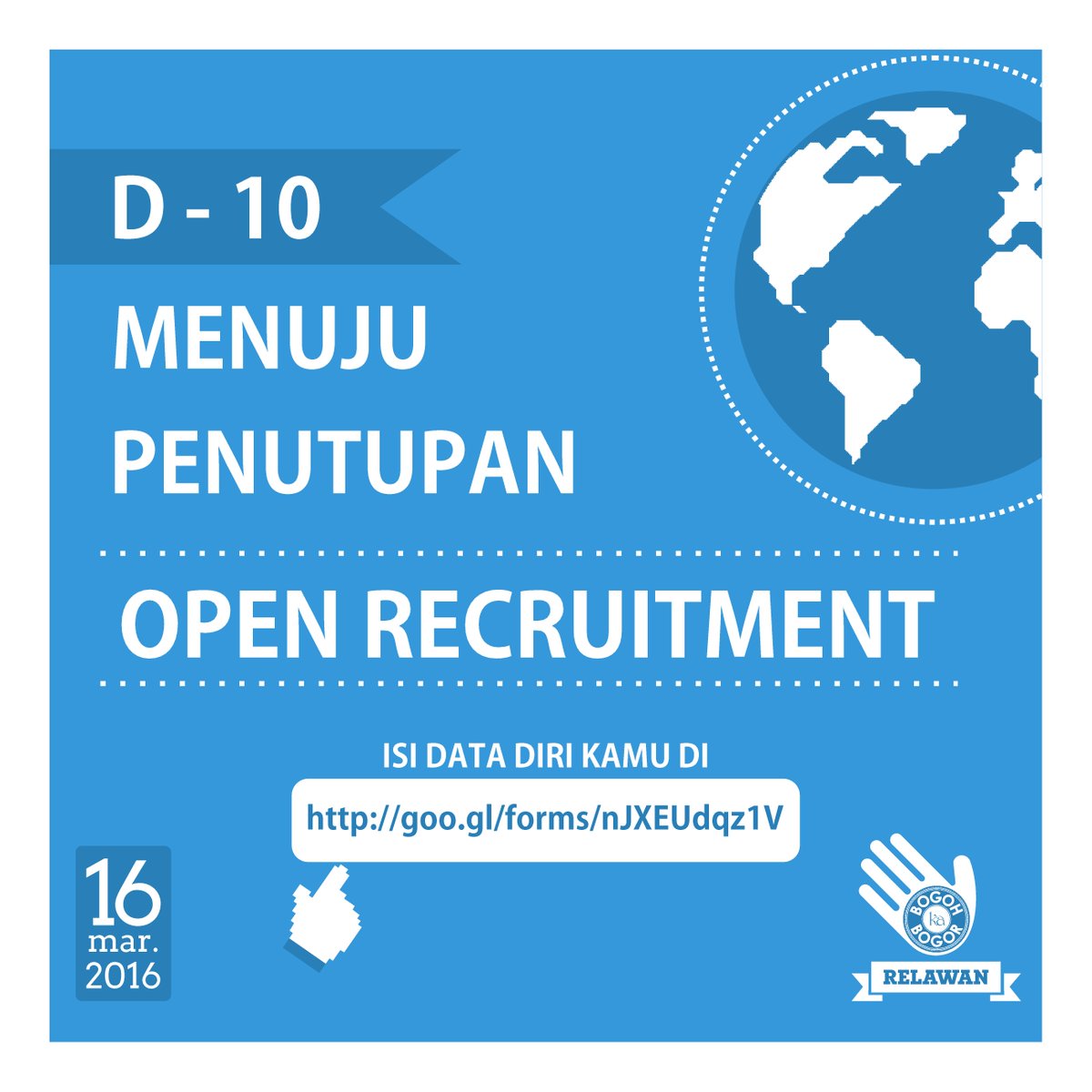 H-10 menuju penutupan oprec. Untuk yg belum daftar, isi data diri kamu di goo.gl/forms/nJXEUdqz… #BogohKaBogor