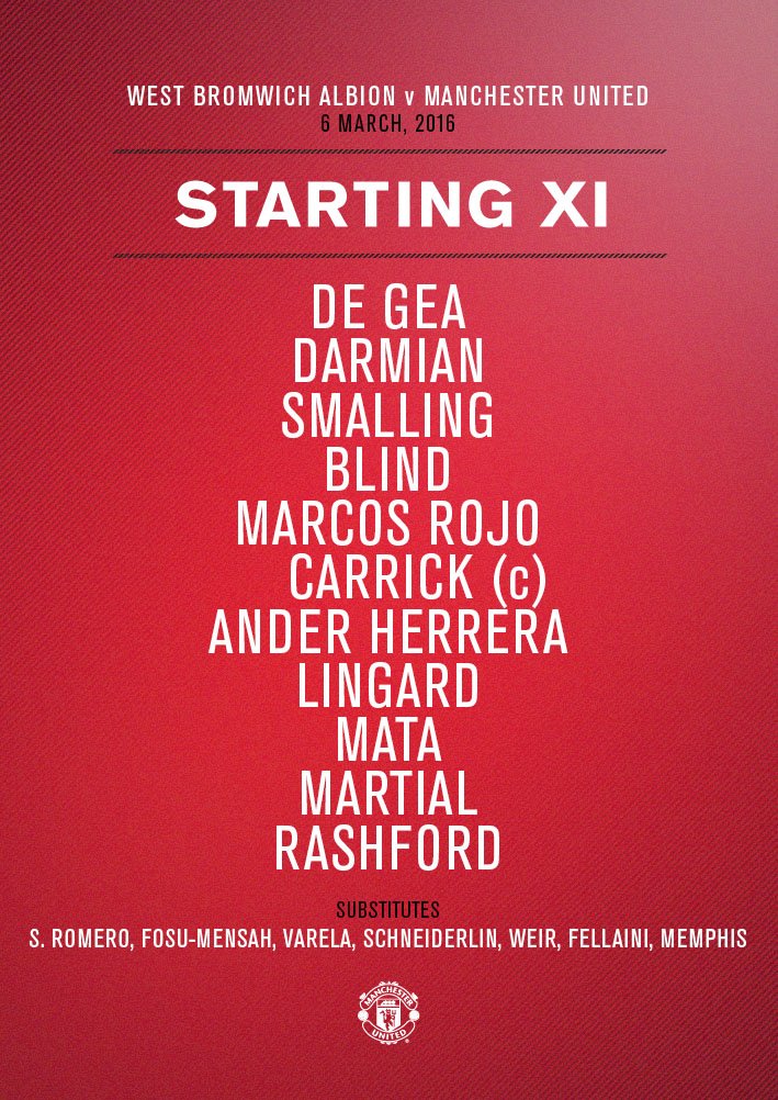 #mufc XI: De Gea, Darmian, Smalling, Blind, Rojo, Carrick, Herrera, Lingard, Mata, Martial, Rashford.