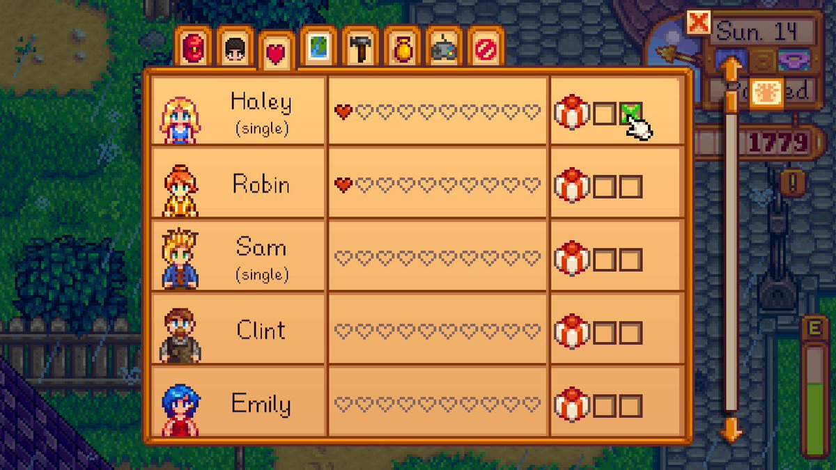 せの字 Stardew Valley 好感度みたらロビンさん 独身じゃなかった とハーレーさんのハート増えてた ロビンさんは斧の件で ハーレーさんはさっきの誕生日チョコケーキか なにげにプレゼントマークにチェックついてるなｗ T Co Dsscfpadoh