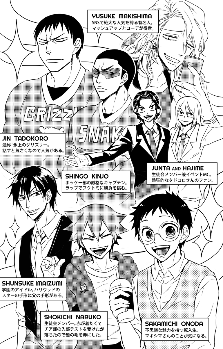 5月の超全ケイで出す予定の本①の設定資料!アメリカンハイスクールにペダキャラが通ったら!?というパロです 小野田くんが主人公だ〜! 