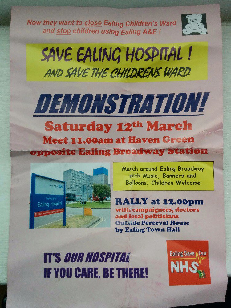 TalkActon's tweet photo. @MumsnetEaling @EalingArts @ContactusEaling @LoveEaling @AllOriginalEali Save Ealing Hospital! Demo 12th March #RT https://t.co/tNNQGXg7jA