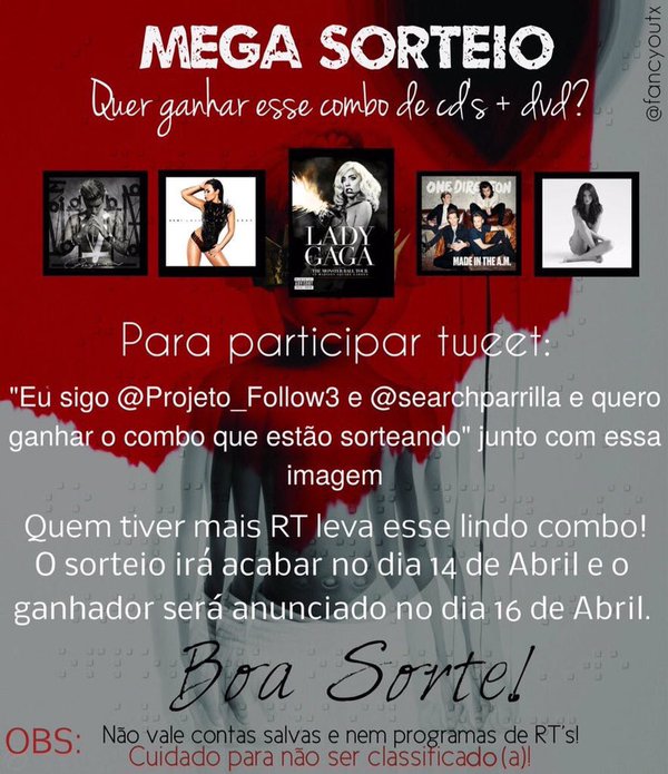 lysmcabello's tweet image. "Eu sigo o @Projeto_Follow3 e @searchparrilla e quero ganhar o combo que estão sorteando"