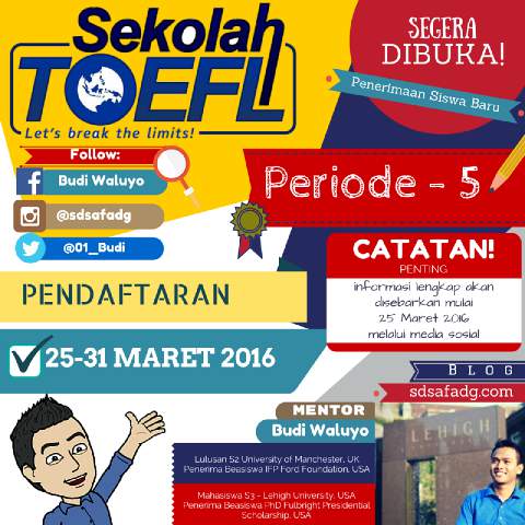 01_budi's tweet photo. Mohon di share ya. Info tentang Pendaftaran Siswa Baru @Sekolah_TOEFL Periode 5 dibuka tanggal 25 - 31 Maret 2015. https://t.co/HkTMG6EWSb
