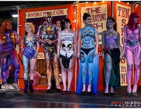 haylee_mai's tweet photo. On stage at #tattooteaparty wearing paint by Rebecca Waite (2nd from left) #bodypaint #ukbpl #ukbodypaintproject https://t.co/kocCHShr0n