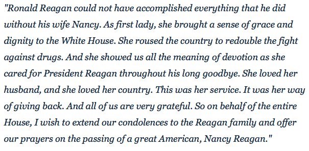 SpeakerRyan's tweet image. My statement on the passing of former First Lady Nancy Reagan: spkrryan.us/1TBNN2t