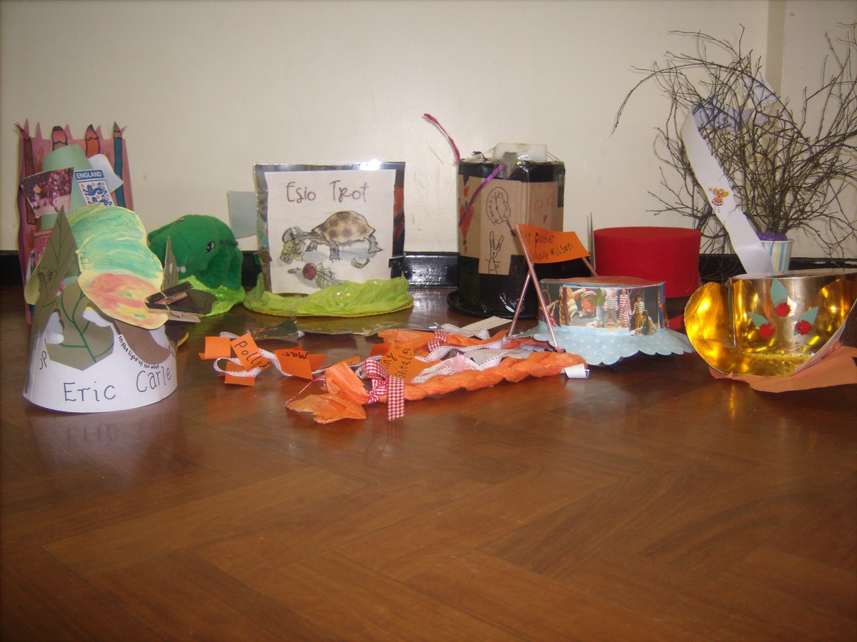 Which books have inspired these hats made by the children for World Book Day?