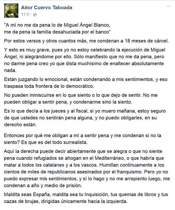 StopRepresionGr's tweet photo. 1,5 años de prisión pasa #AitorCuervoLibertad por escribir un twit.
¿#LibertadDeExpresión?
¿Dónde?
#StopRepresión!! https://t.co/LcxUUIruO9