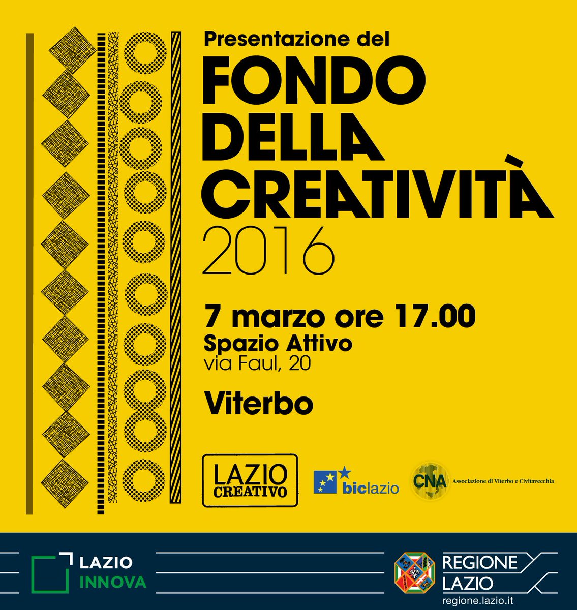 Domani 07/03 vi aspettiamo a #VT per la “Presentazione del Fondo della #Creatività 2016” <a href="/LazioCreativo/">LazioCreativo</a> @BIC_Viterbo