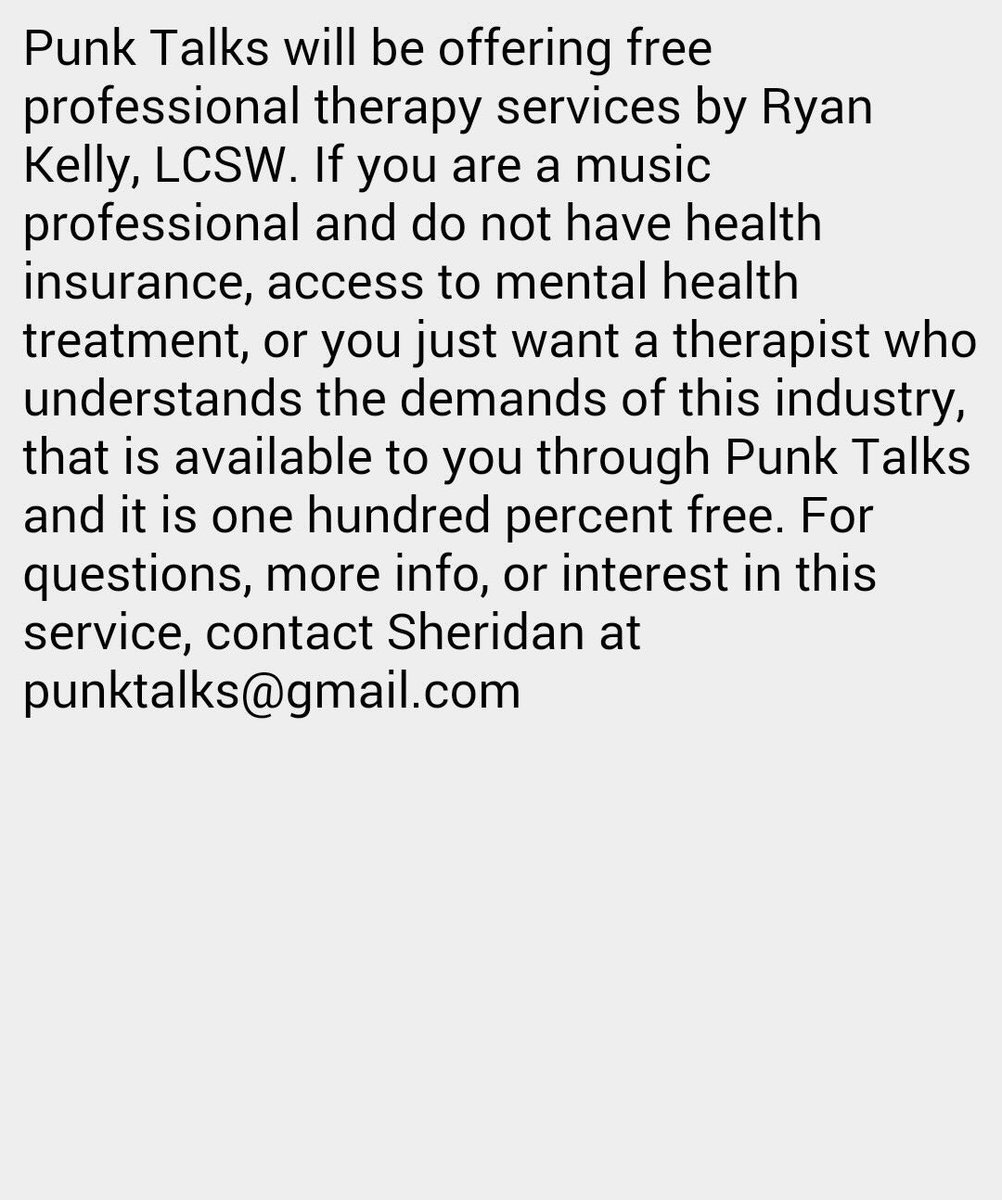 PunkTalks's tweet photo. And THAT ISN'T EVEN THE BEST PART! Thrilled to announce absolutely free professional therapy through Punk Talks. https://t.co/GhYTjLZhF7