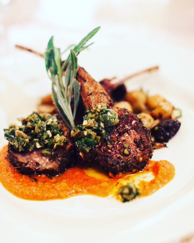 grilled herbs de Provence lamb chops, pistachio-Cerignola tapenade, spicy romesco, pee wee potatoes