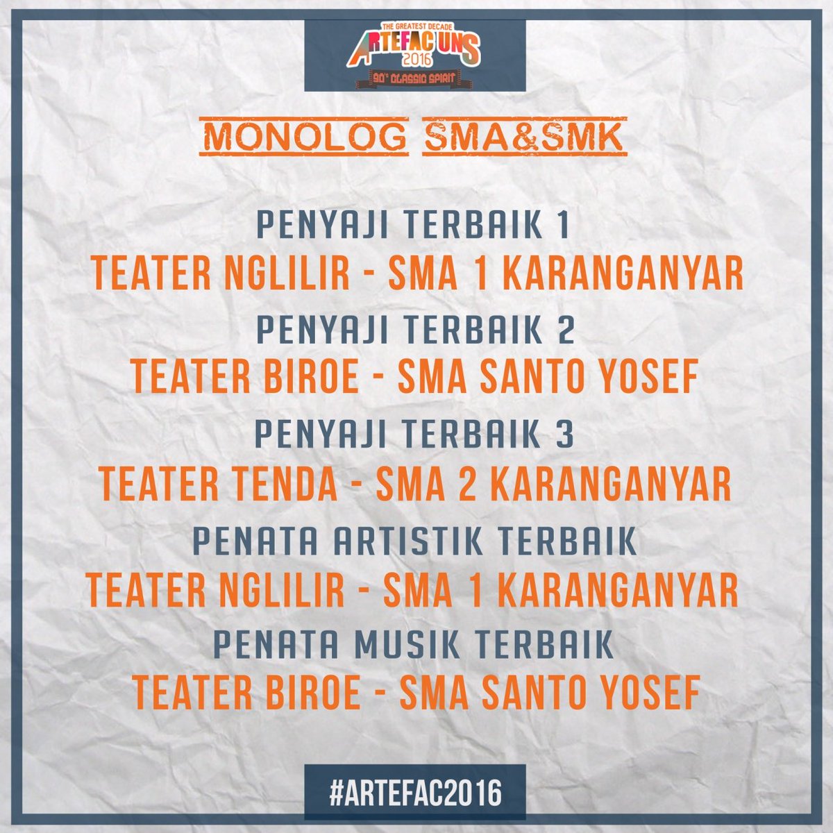 artefacuns's tweet photo. Selamat untuk Juara Monolog ARTEFAC UNS 2016!
#MONOLOGCOMPETITION
#ARTEFACUNS2016
#LAHIRDANBESAR https://t.co/TzuyuLven4