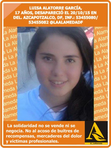 _LaAlameda's tweet photo. #TeBuscamos Luisa Alatorre García, 17 años, 20/10/15 #Azcapotzalco #DF 53455080/82 @_mgonza @MaruPina1 https://t.co/1NDBTohyiw