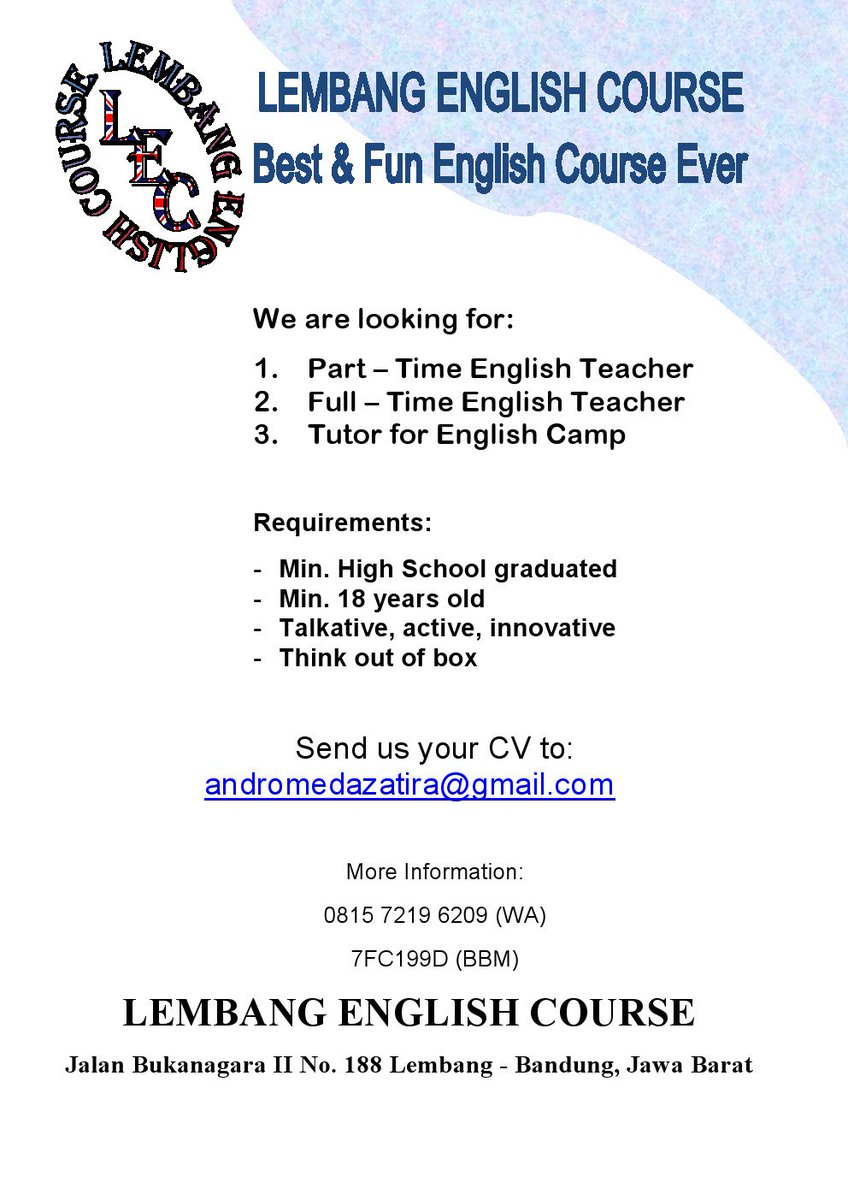 Urgently needed: Part-/Fulltime English Teacher (Bandung area). Send CV to: andromedazatira@gmail.com <a href="/InfoLembang_/">Info Lembang ®</a>
