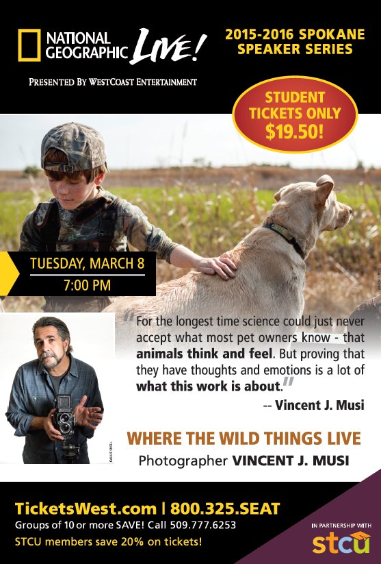 ExchangeSpokane's tweet image. Get your tickets now for @NatGeoLive "Where the Wild Things Live" at @INBPAC on Tuesday 3/8! @WCEBroadway #Spokane