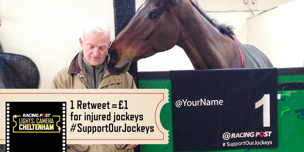 RacingPost's tweet photo. For every RT using #SupportOurJockeys we will add £1 to a fund to be donated to the @IJF_official &amp; @InjuredJockeys https://t.co/juiVyYSDIM
