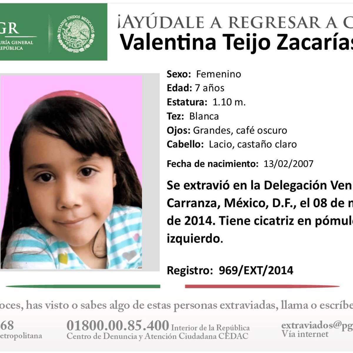 _LaAlameda's tweet photo. #Tebuscamos Valentina Teijo Zacarías, 7 años, 8/5/14 #VCarranza #CDMX #911 @abrahamteijo https://t.co/ieGxK8eQMC