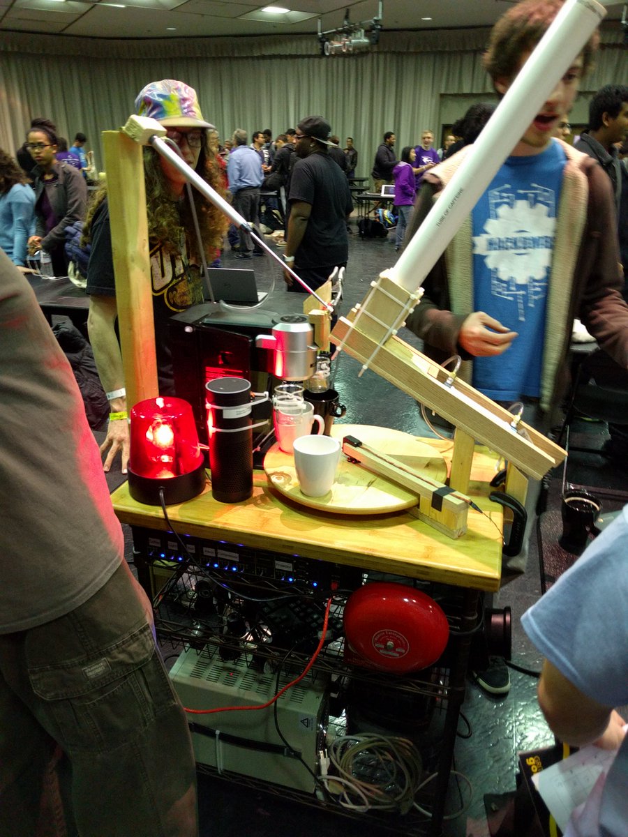 MLHacks's tweet image. An @awscloud and @amazonecho powered coffee machine on wheels... I&apos;ll take two. #hackumbc @hackumbc