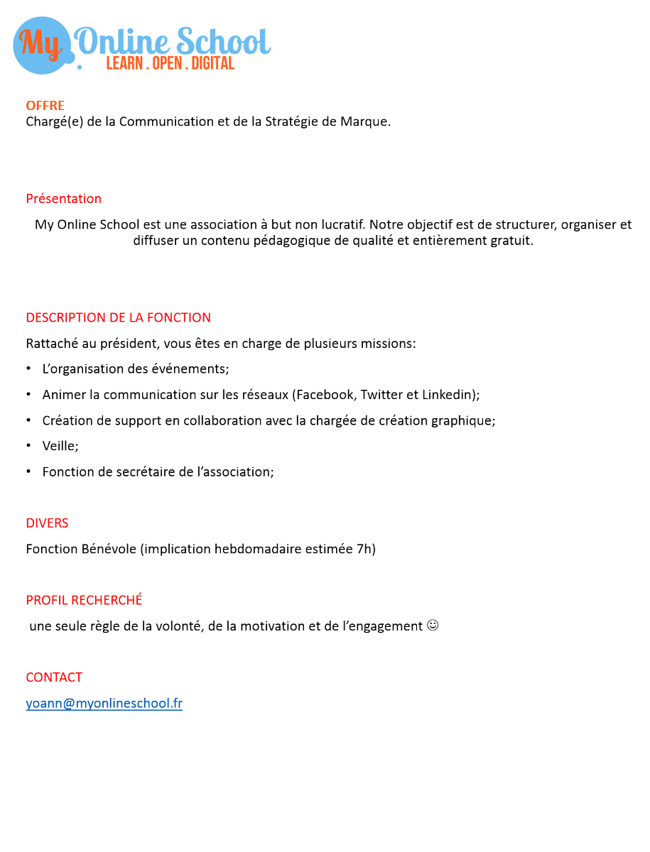 MyCampusMOS's tweet photo. My Online School recherche un(e) chargé(e) de communication et de stratégie de la marque. Pour plus de détails en MP https://t.co/tUuPzmRym9