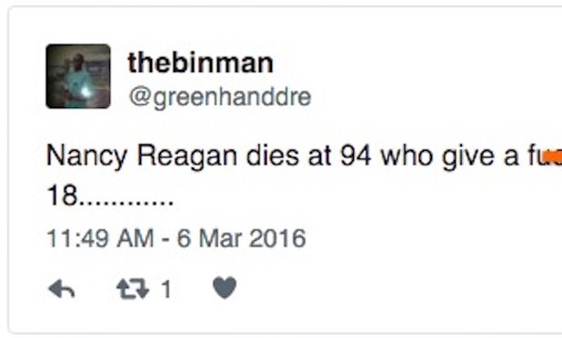 AllenWest's tweet photo. Within 30 minutes: Look what LIBERALS were posting about Nancy Reagan's death...https://t.co/eRRWrTP6Fs https://t.co/ZZ2Qx7vbUt