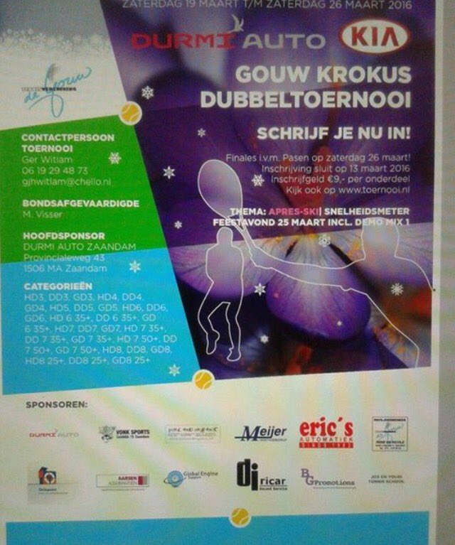 Gouw Krokus Dubbeltoernooi in Zaandam van 19 t/m 26/3 met Apres-ski feestavond. Meer info facebook.com/neckslag/