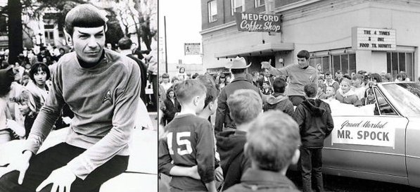 BuzzLamp's tweet photo. The late Leonard Nimoy making his only public appearance as Spock at the Pear Blossom Festiva, Oregon, circa 1967. https://t.co/Rx8FhEaaub