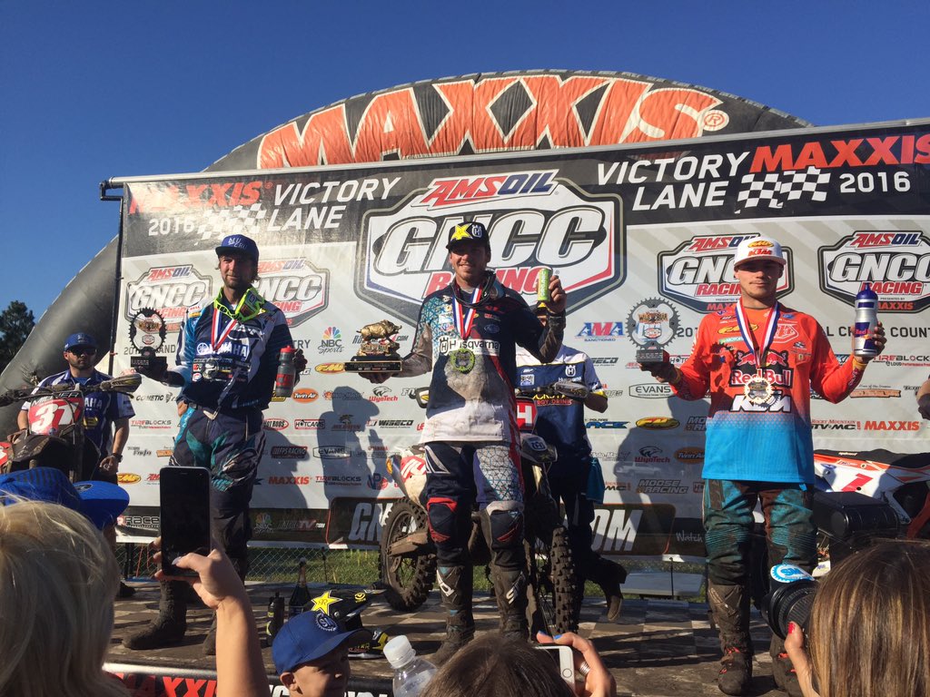 GNCCRacing's tweet photo. XC1 Podium: (2) Daniel Milner (1) Josh Strang (3) Kailub Russell #GNCC #GNCCLIVE @racertv https://t.co/tSRIe2s7YO