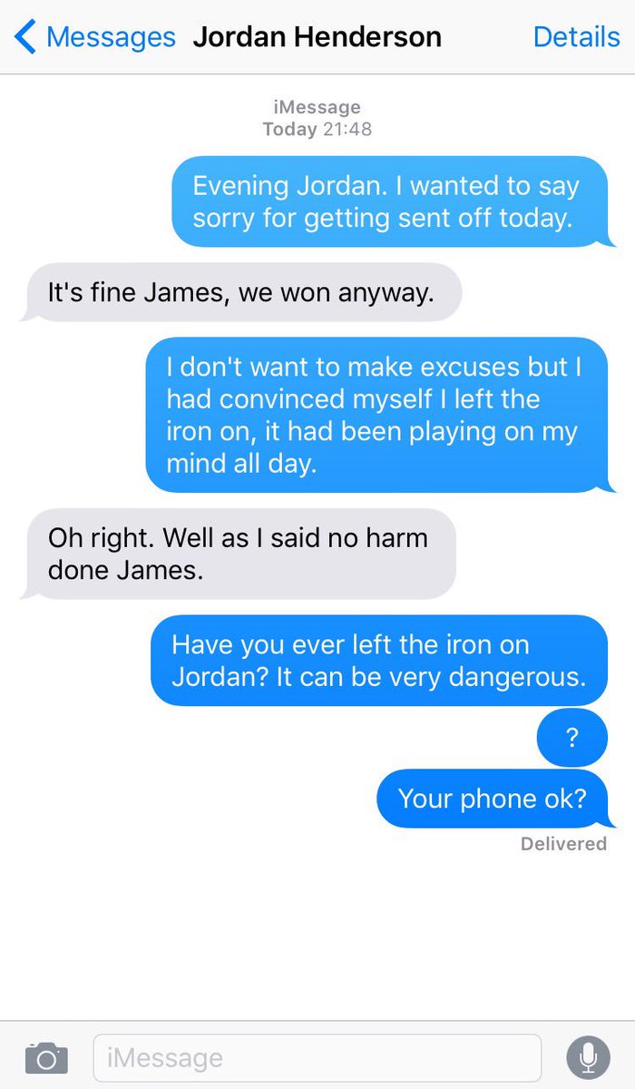 BoringMilner's tweet photo. Just text Jordan Henderson about my sending off earlier. Hope his phone is ok though. https://t.co/1XwTs7pabA