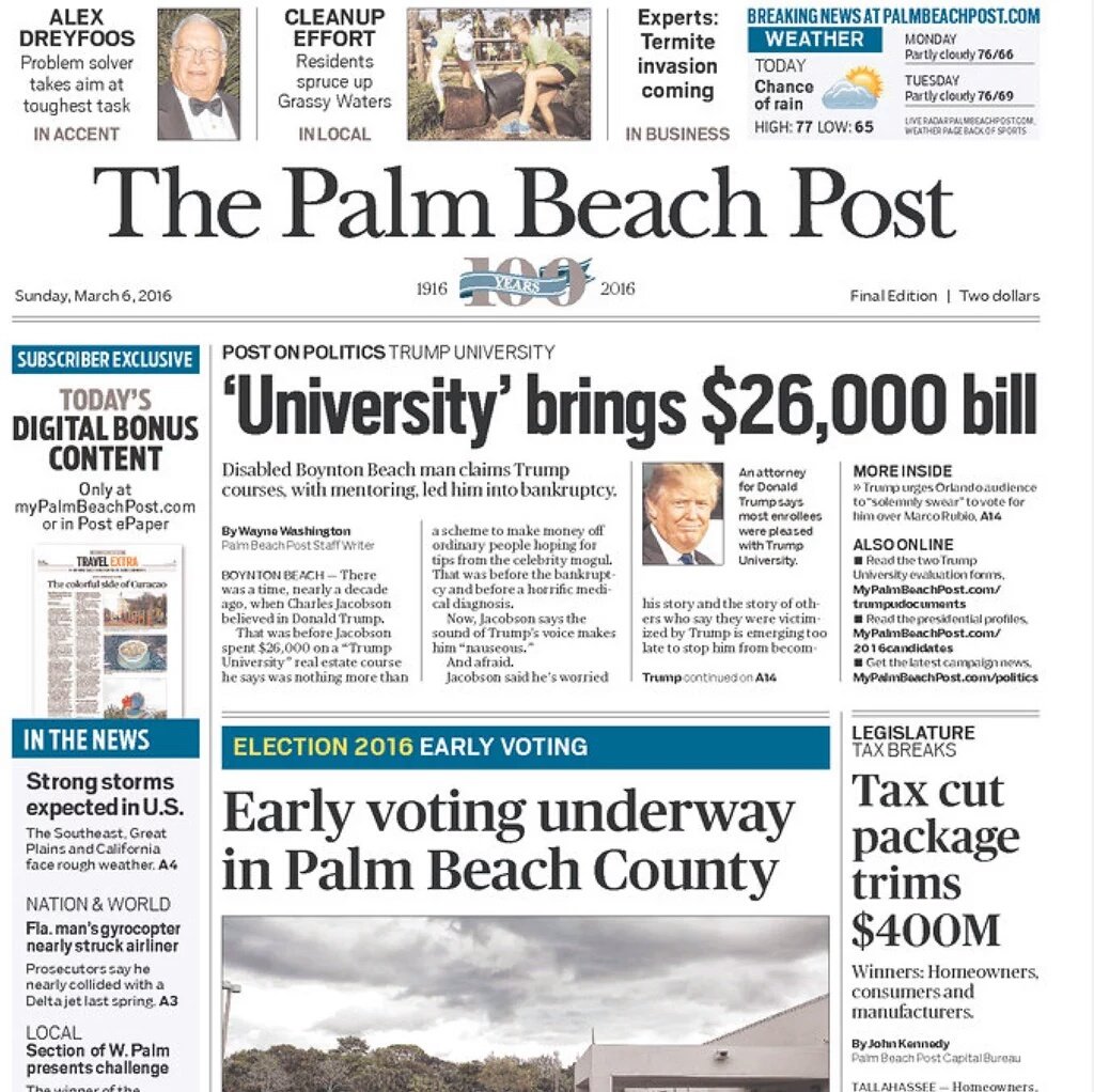 TrumpHASHTAG's tweet photo. And Front page news on
The Palm Beach Post
#TrumpDoral
#RacistsForTrump
@raydeal3 @LynnePatton https://t.co/SxM48wI9Tl